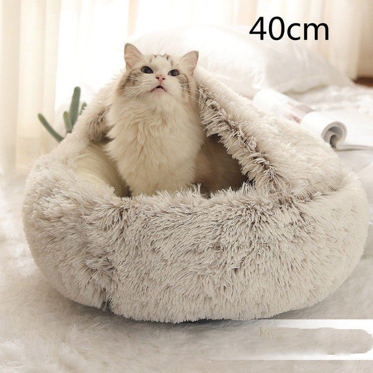 Pet Bed Round Plush Warm Bed House Soft Long Plush Bed 2 In 1 Bed