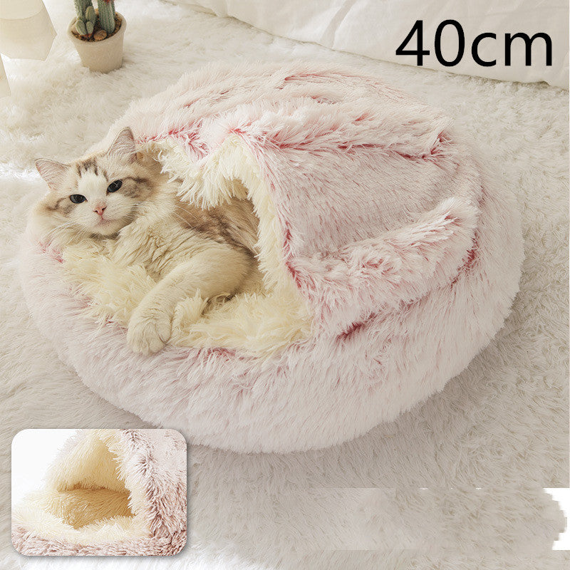 Pet Bed Round Plush Warm Bed House Soft Long Plush Bed 2 In 1 Bed