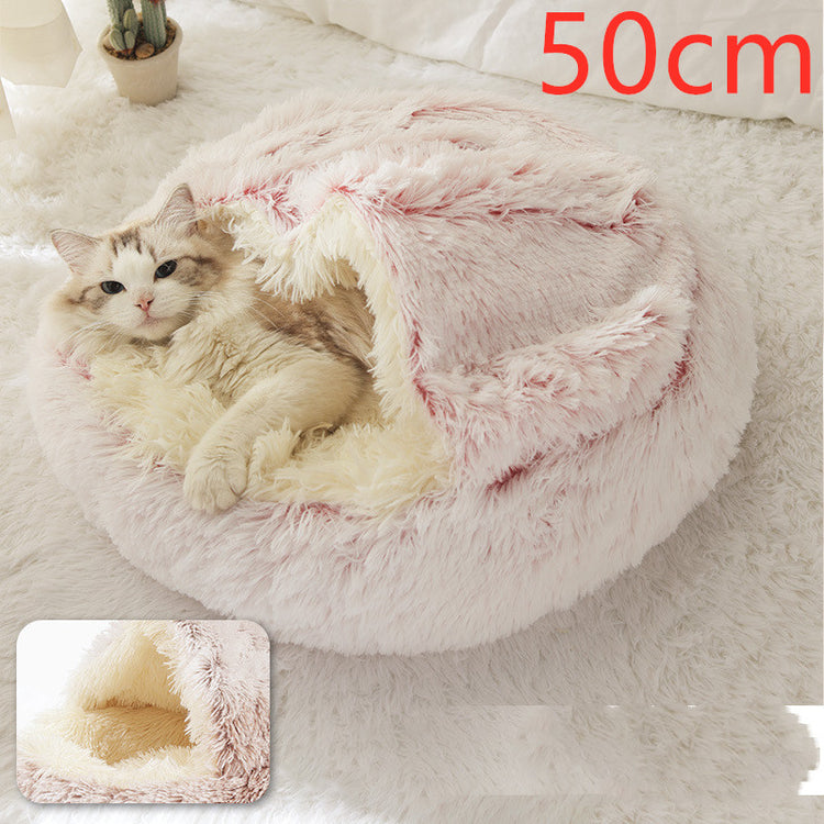 Pet Bed Round Plush Warm Bed House Soft Long Plush Bed 2 In 1 Bed