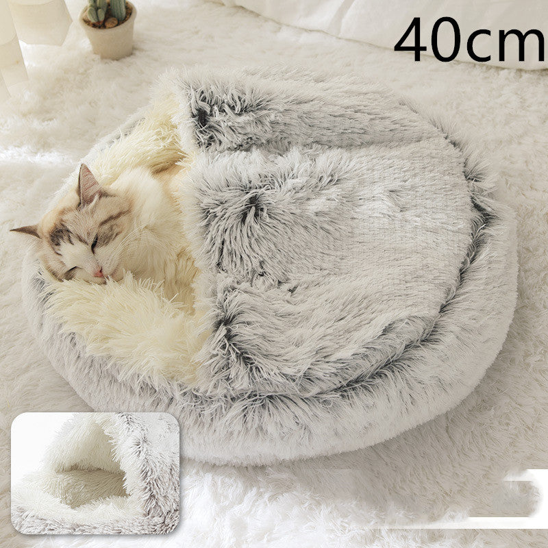 Pet Bed Round Plush Warm Bed House Soft Long Plush Bed 2 In 1 Bed