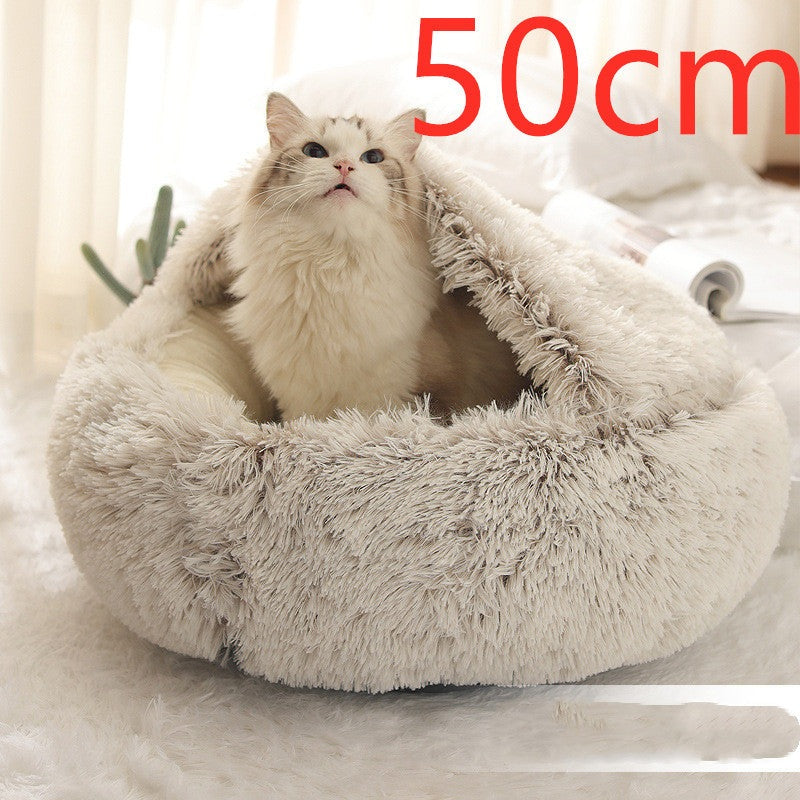 Pet Bed Round Plush Warm Bed House Soft Long Plush Bed 2 In 1 Bed