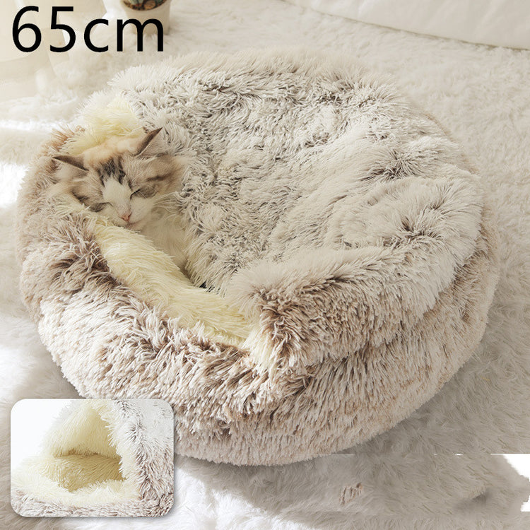 Pet Bed Round Plush Warm Bed House Soft Long Plush Bed 2 In 1 Bed