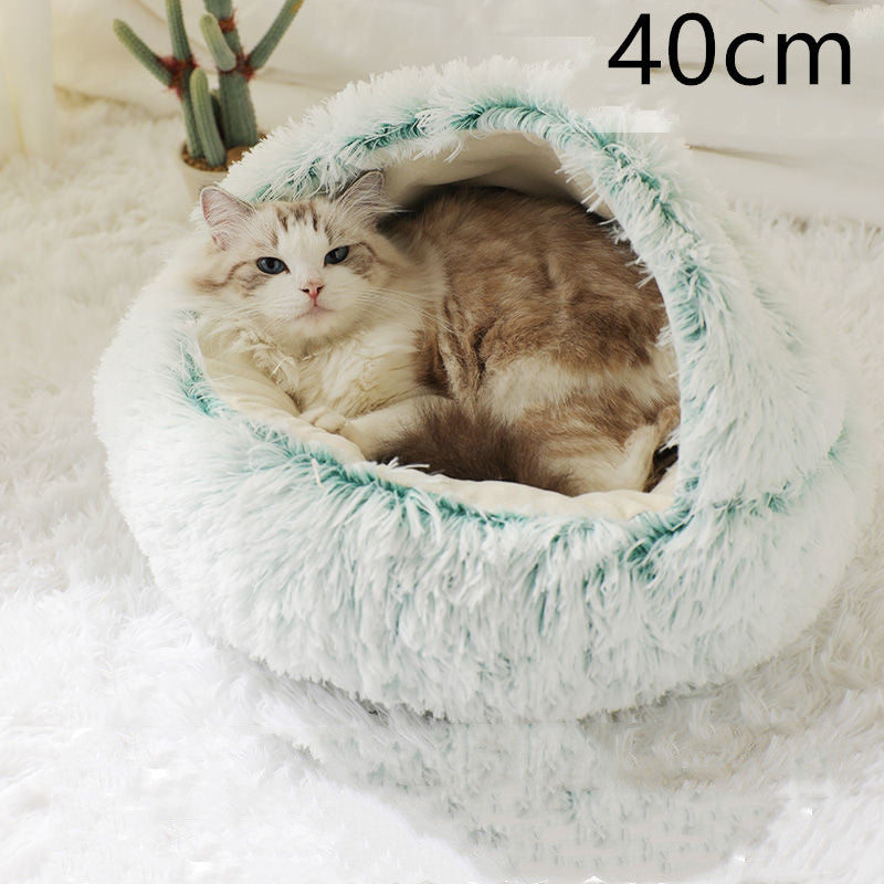 Pet Bed Round Plush Warm Bed House Soft Long Plush Bed 2 In 1 Bed