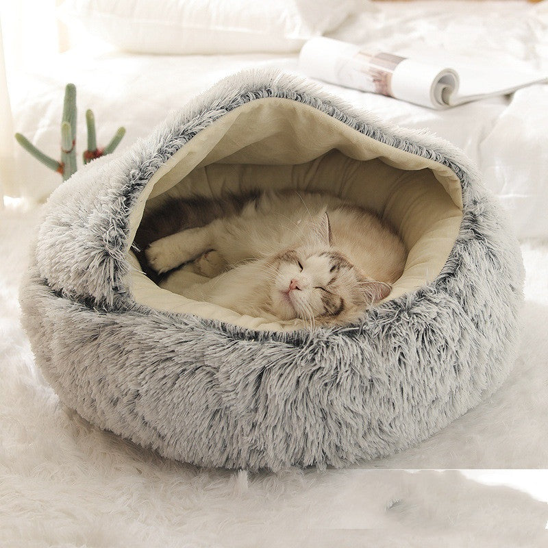 Pet Bed Round Plush Warm Bed House Soft Long Plush Bed 2 In 1 Bed