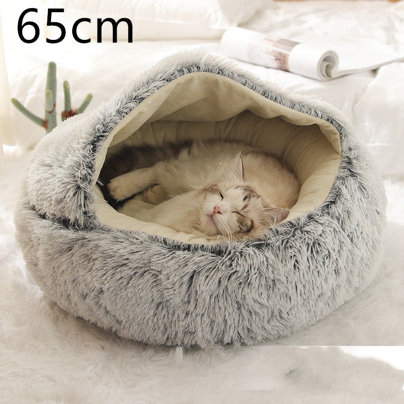 Pet Bed Round Plush Warm Bed House Soft Long Plush Bed 2 In 1 Bed