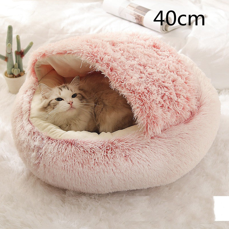 Pet Bed Round Plush Warm Bed House Soft Long Plush Bed 2 In 1 Bed