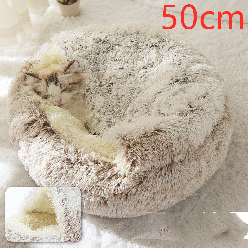 Pet Bed Round Plush Warm Bed House Soft Long Plush Bed 2 In 1 Bed