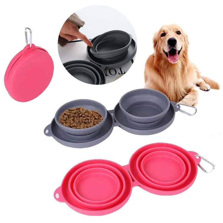 Rubber Foldable Double Bowl Pet Feeding Bowl