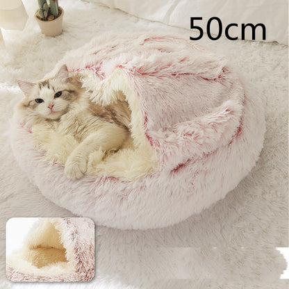 Pet Bed Round Plush Warm Bed House Soft Long Plush Bed 2 In 1 Bed