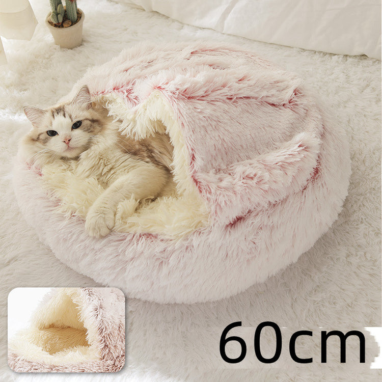 Pet Bed Round Plush Warm Bed House Soft Long Plush Bed 2 In 1 Bed