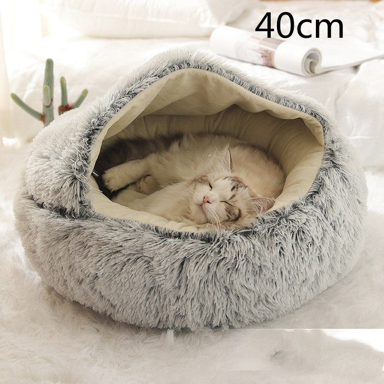 Pet Bed Round Plush Warm Bed House Soft Long Plush Bed 2 In 1 Bed