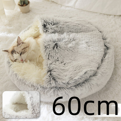 Pet Bed Round Plush Warm Bed House Soft Long Plush Bed 2 In 1 Bed