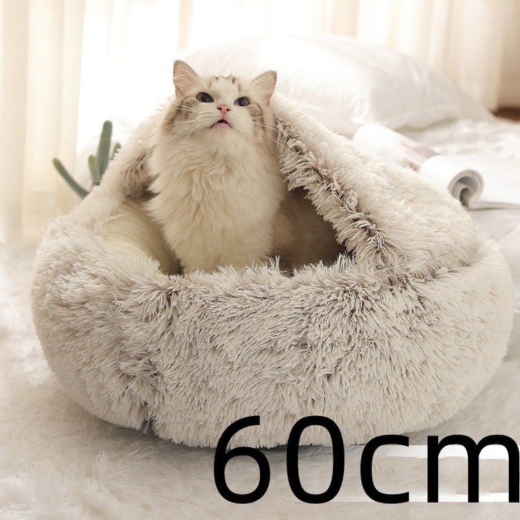 Pet Bed Round Plush Warm Bed House Soft Long Plush Bed 2 In 1 Bed